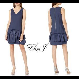 Eliza J Navy blue V-Neck Dress Pleated ruffle frill Hem Sz 14